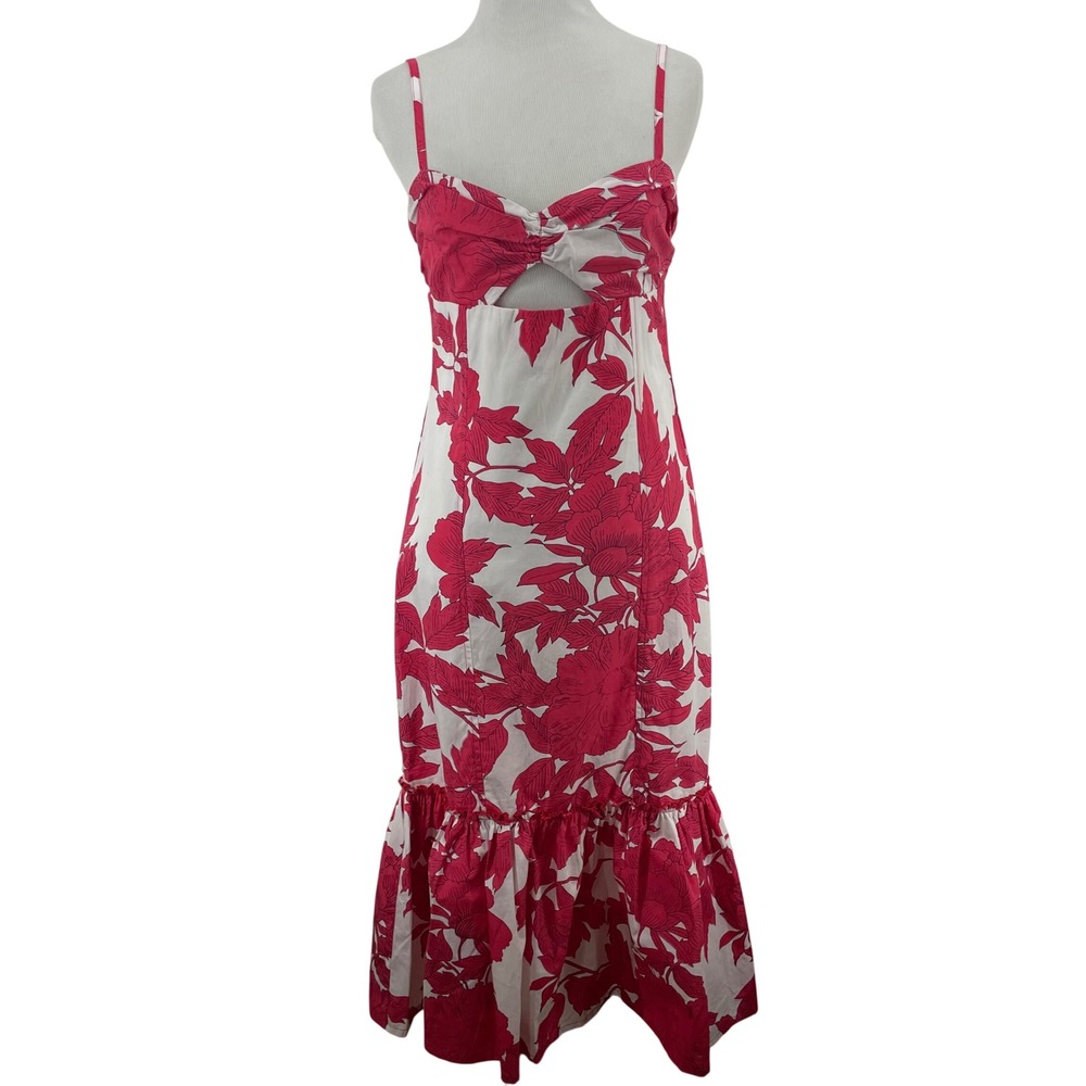 Lusana Size M Midi Dress Red White Floral Cutout Ruffle Cotton Womens